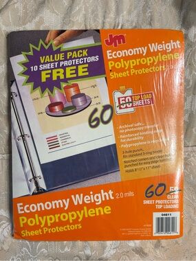 NOS JM Economy Weight Polypropylene Sheet Protectors 60 Count Top Loading 8.5x11